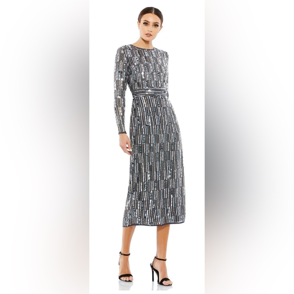 NWT Mac Duggal Charcoal Embellished Long Sleeve Fitted Dress Size 10
